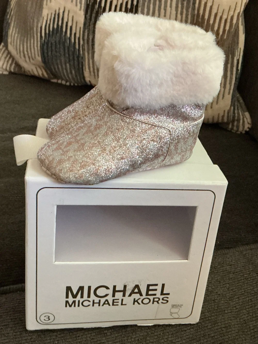Michael Kors Glitter Baby Booties with Pink Faux Fur Cuff
